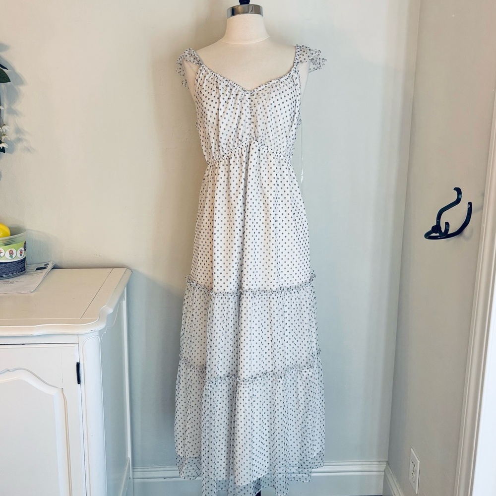 Isabel Maternity White & Black Polka Dot Mesh Overlay Tiered Maxi Dress, Size M
